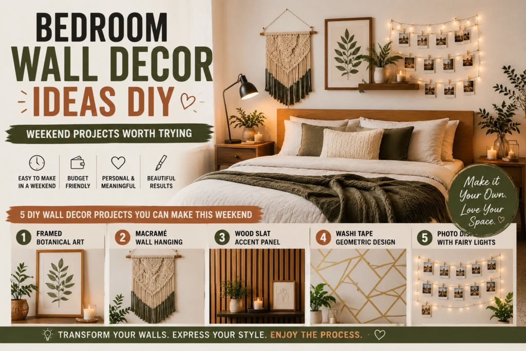 Bedroom wall decor ideas DIY featuring framed botanical art, macramé wall hanging, wood slat accent panel, geometric wall design, and photo lights