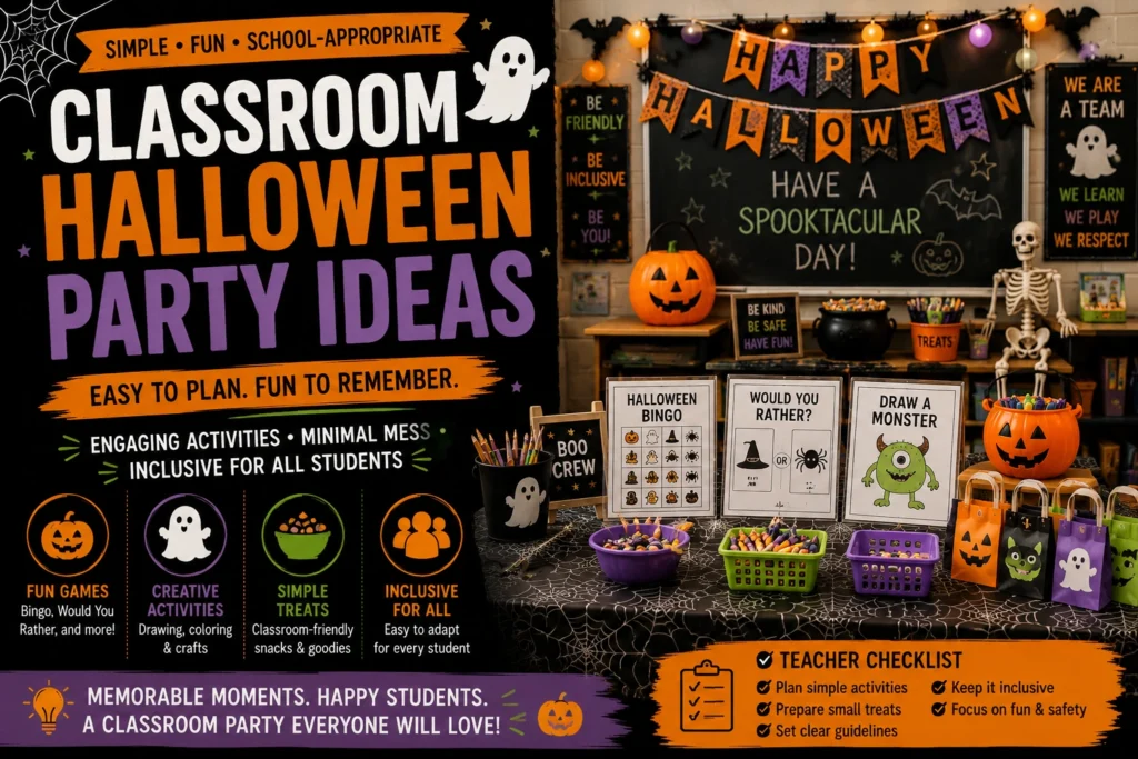 Classroom Halloween party ideas with fun games, creative crafts, simple treats, and inclusive decorations