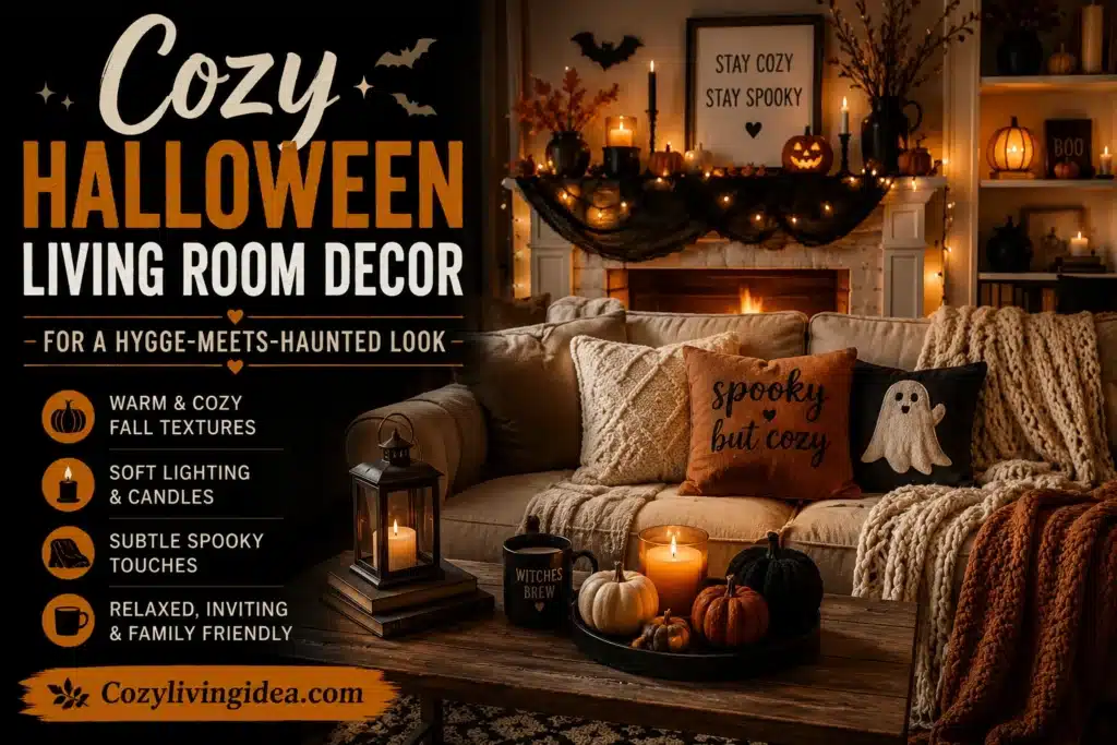 Cozy Halloween living room decor with warm blankets, pumpkins, candles, and subtle spooky accents