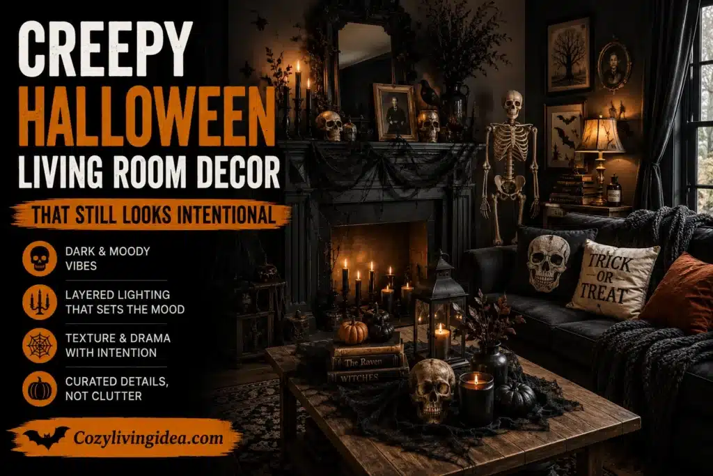 Creepy Halloween living room decor with grouped skeletons, candles, pumpkins, and a styled fireplace