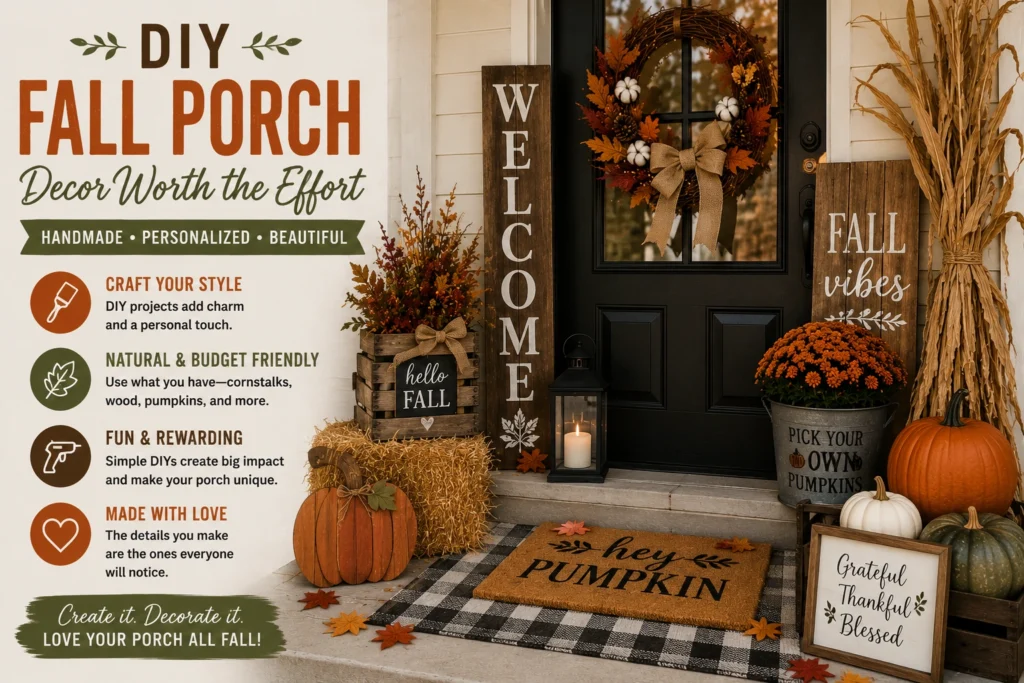 DIY fall porch decor ideas with handmade signs, pumpkins, cornstalks, a fall wreath, mums, and rustic accents