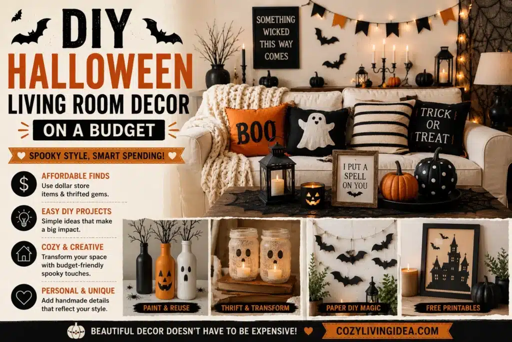 DIY Halloween living room decor on a budget with pumpkins, spooky pillows, candles, handmade accents, and affordable styling ideas