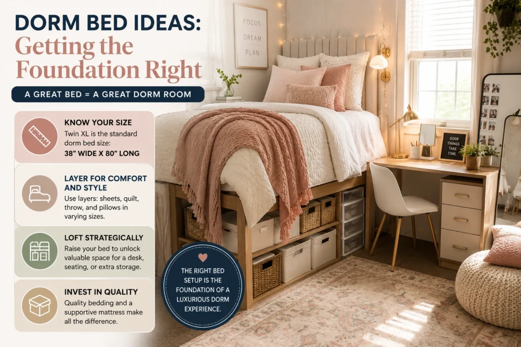 Dorm bed ideas with layered Twin XL bedding, under-bed storage, and a cozy functional setup