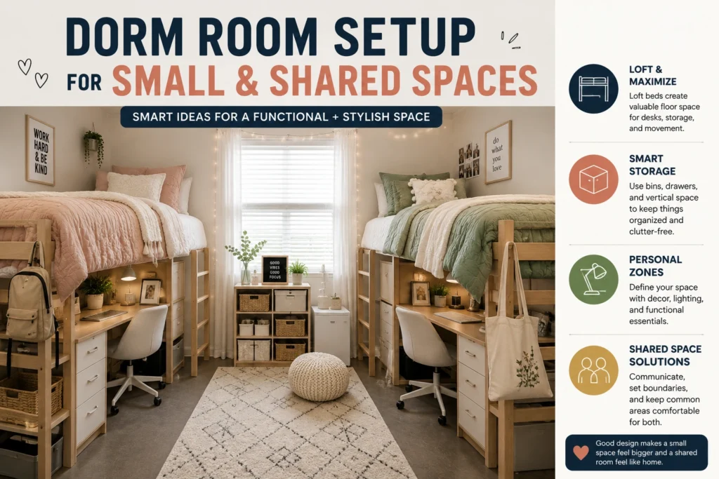 Dorm room setup for small and shared spaces with loft beds, smart storage, personal zones, and cozy decor