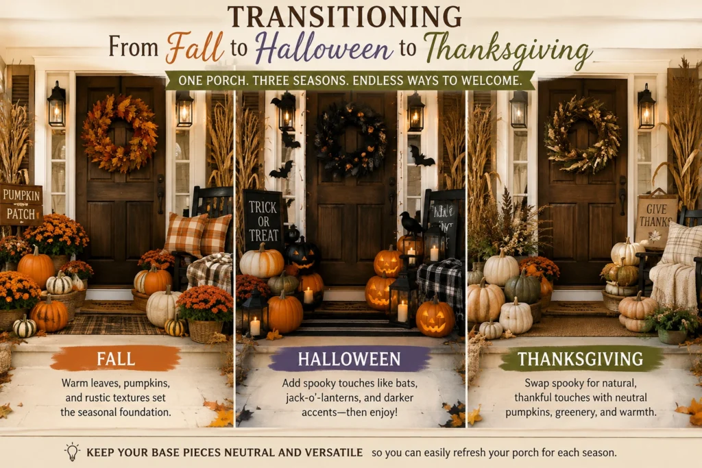 Fall porch decor transitioning from autumn pumpkins to Halloween accents and Thanksgiving decorations