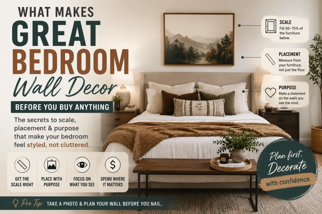 Bedroom wall decor showing proper scale, placement, and artwork positioning above the bed