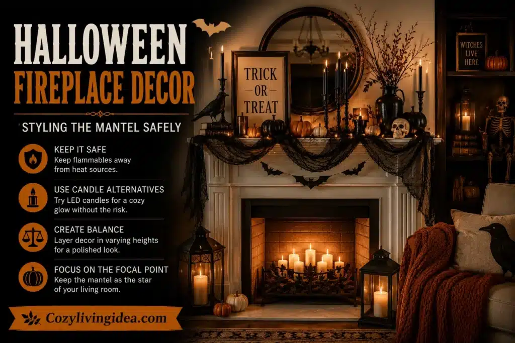Halloween fireplace decor with layered mantel styling, pumpkins, candles, lanterns, and spooky accents