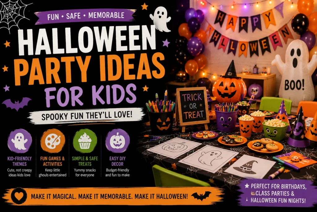Halloween party ideas for kids with friendly decorations, pumpkin crafts, Halloween treats, and fun activities