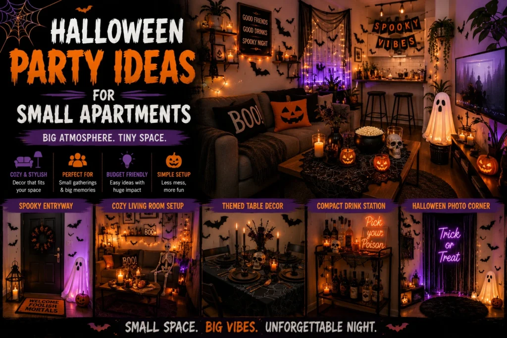 Halloween party ideas for small apartments with cozy living room decor, spooky entryway, compact drink station, and Halloween photo corner