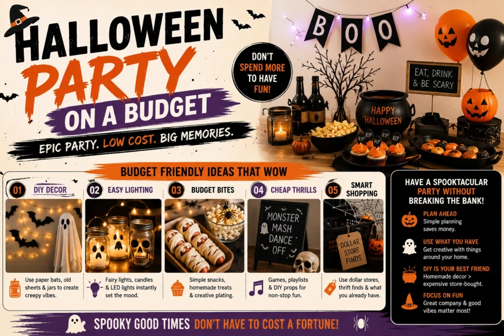 Halloween party on a budget with DIY decorations, affordable snacks, simple lighting, and inexpensive party ideas
