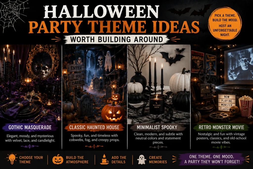 Halloween party theme ideas featuring gothic masquerade, classic haunted house, minimalist spooky, and retro monster movie decor