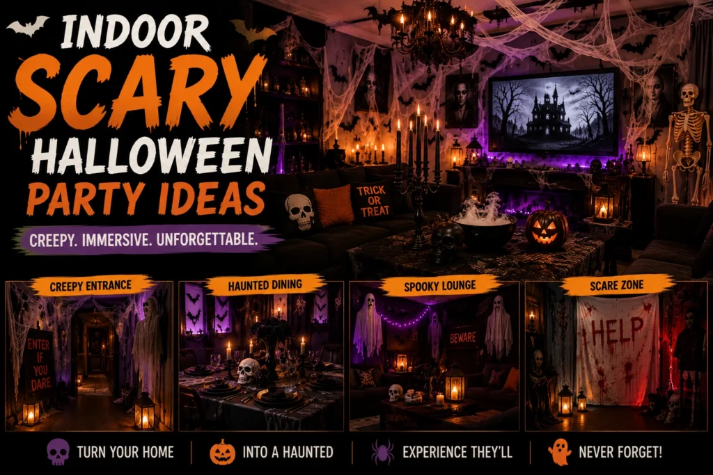 Indoor scary Halloween party ideas with a haunted living room, cobwebs, candles, skeletons, pumpkins, and spooky party decor