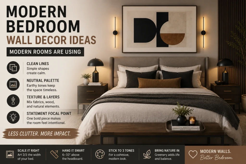 Modern bedroom wall decor ideas featuring abstract art, clean lines, neutral tones, layered textures, and statement lighting