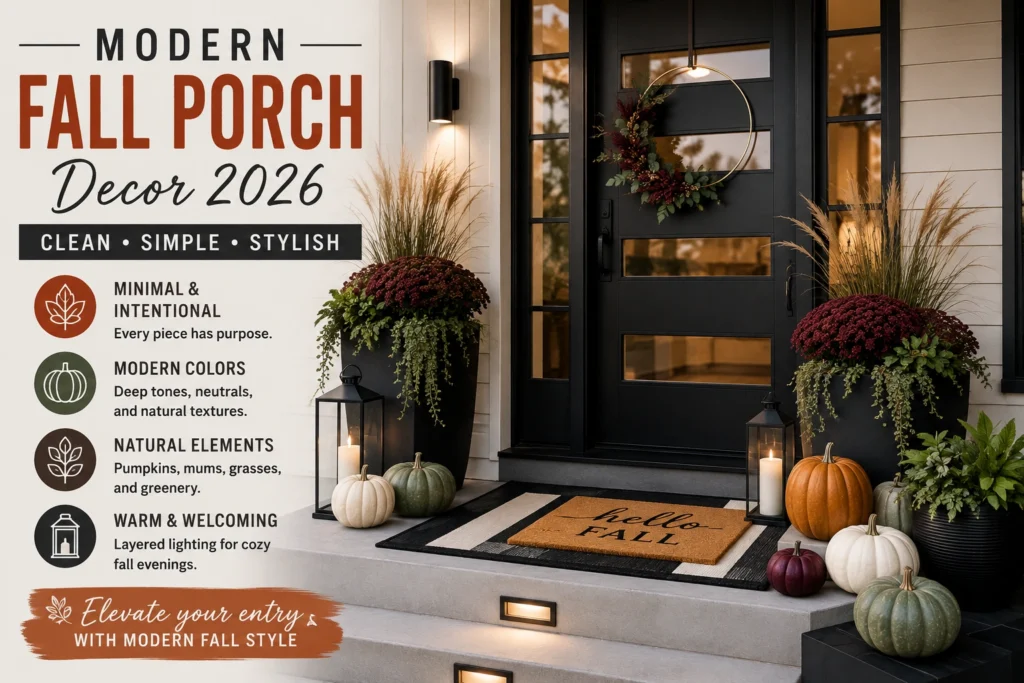 Modern fall porch decor with black door, neutral pumpkins, mums, ornamental grasses, lanterns, and clean-lined planters