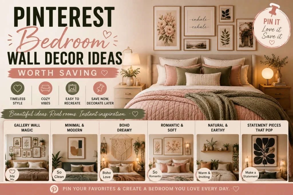 Pinterest bedroom wall decor ideas featuring gallery walls, modern art, boho accents, romantic artwork, natural decor, and statement pieces