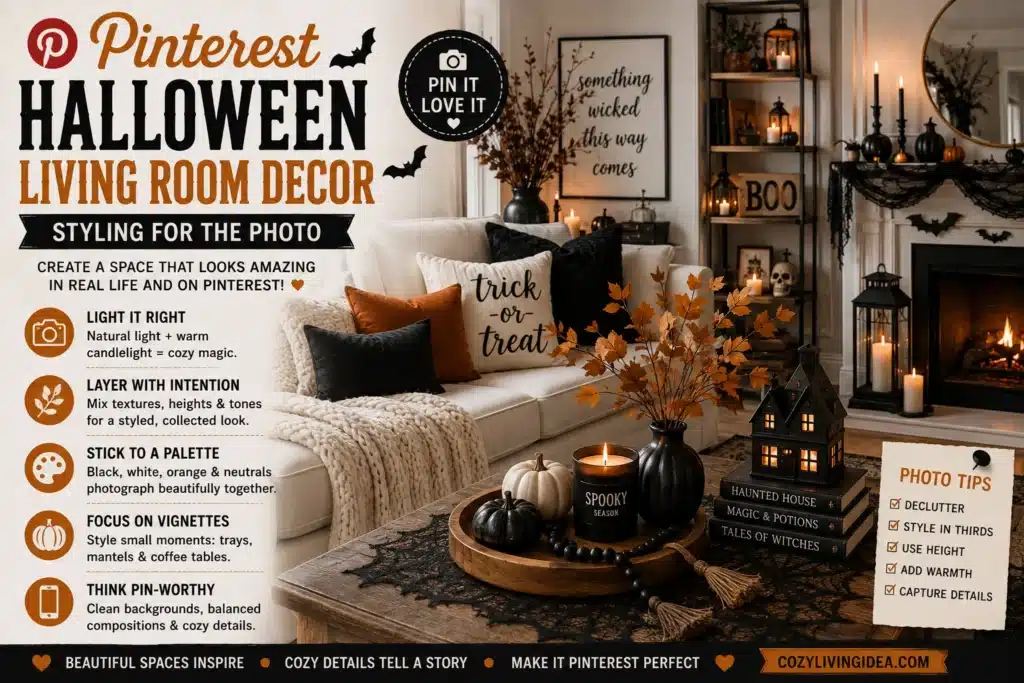 Pinterest Halloween living room decor with cozy pillows, pumpkins, candles, fireplace styling, and photo-ready accents