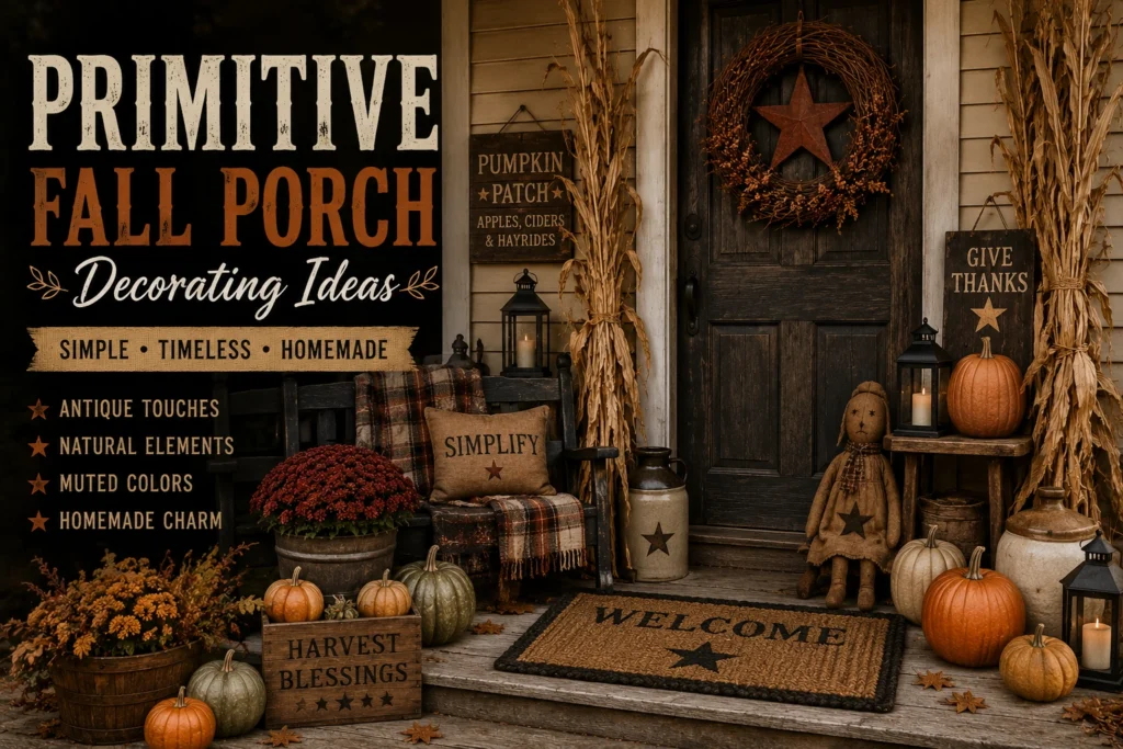 Primitive fall porch decorating ideas with muted pumpkins, cornstalks, aged wood signs, rustic lanterns, and handmade accents