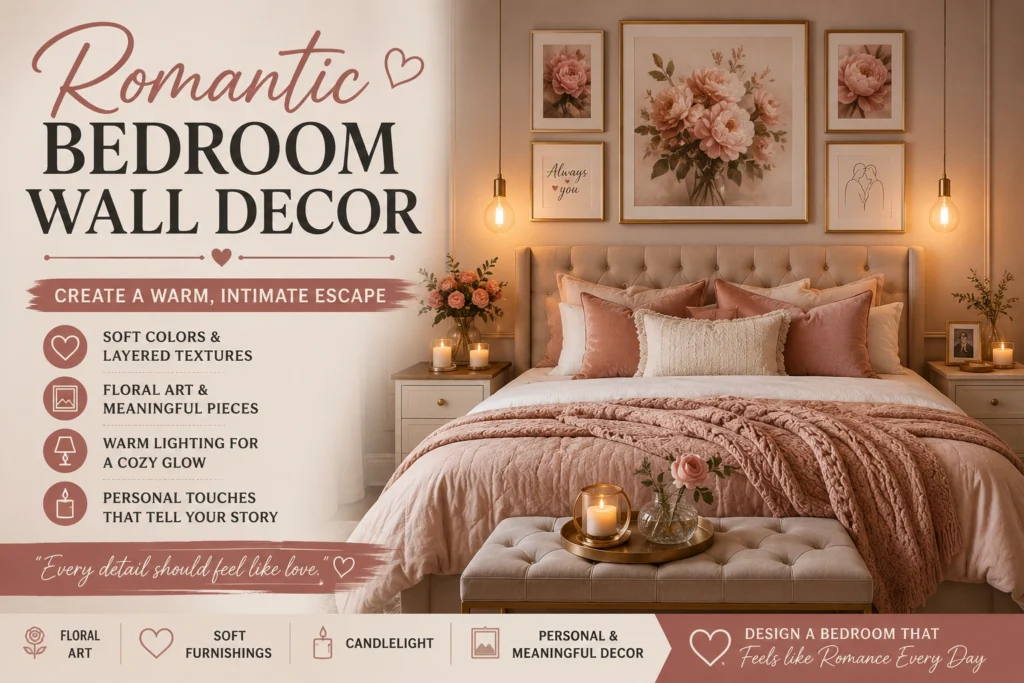 Romantic bedroom wall decor with floral artwork, soft textures, warm lighting, and cozy layered bedding