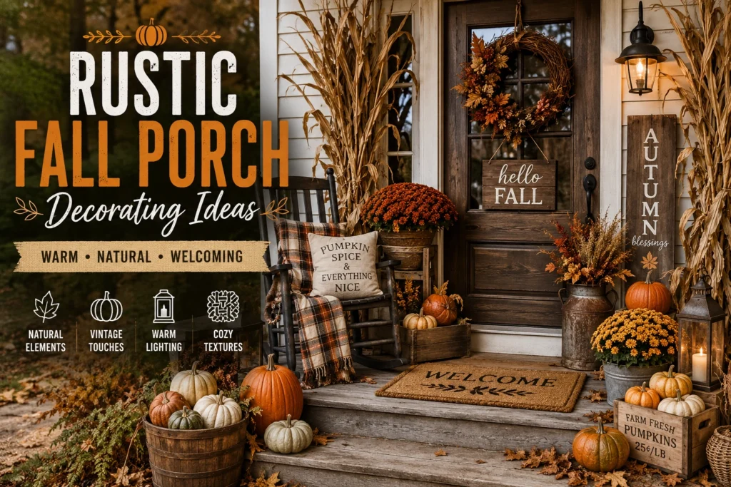 Rustic fall porch decorating ideas with pumpkins, mums, cornstalks, wood crates, lanterns, and a dried wreath