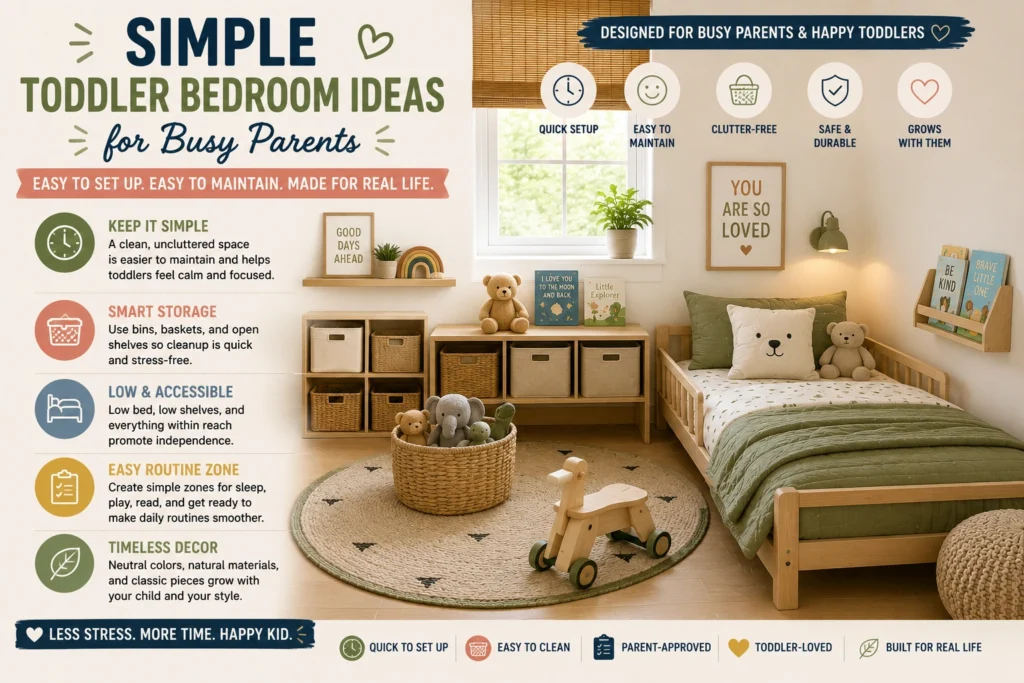 Simple toddler bedroom with accessible storage, low bed, open shelves, and an easy-to-maintain layout