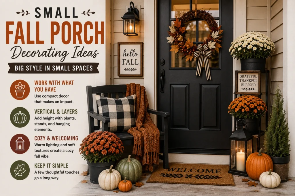 Small fall porch decorating ideas with pumpkins, mums, lanterns, vertical planters, cozy textiles, and a fall wreath