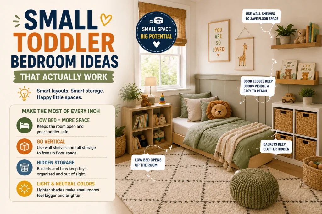 Small toddler bedroom with a low bed, vertical wall shelves, toy storage baskets, and open floor space