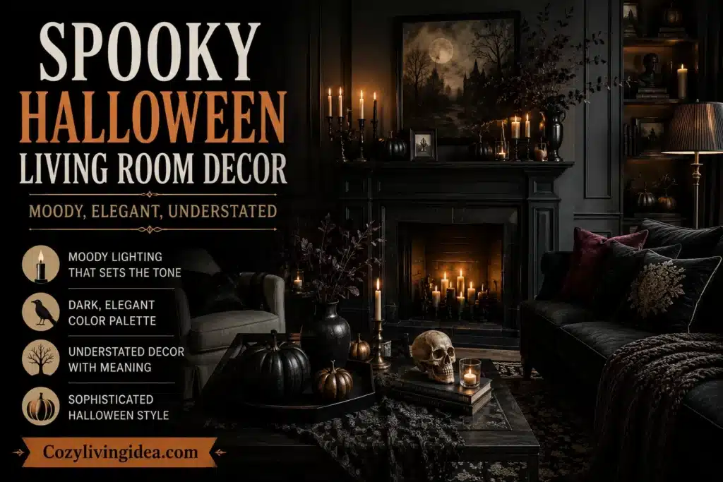 Spooky Halloween living room decor with dark velvet seating, candles, black pumpkins, and an elegant fireplace