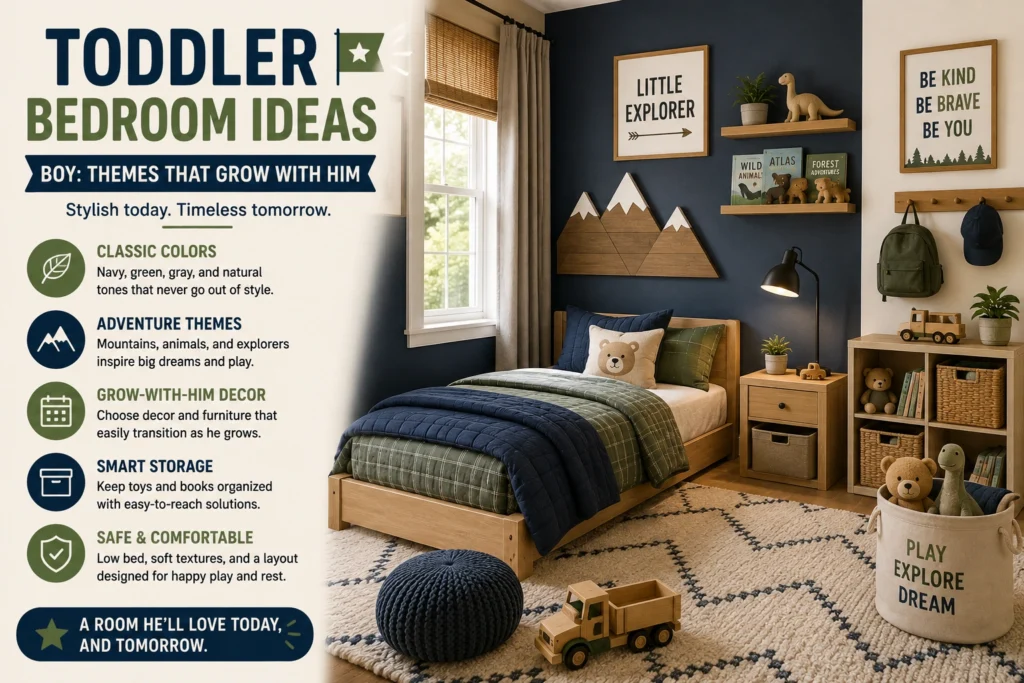 Toddler boy bedroom with a low wooden bed, adventure-themed decor, smart storage, and neutral colors