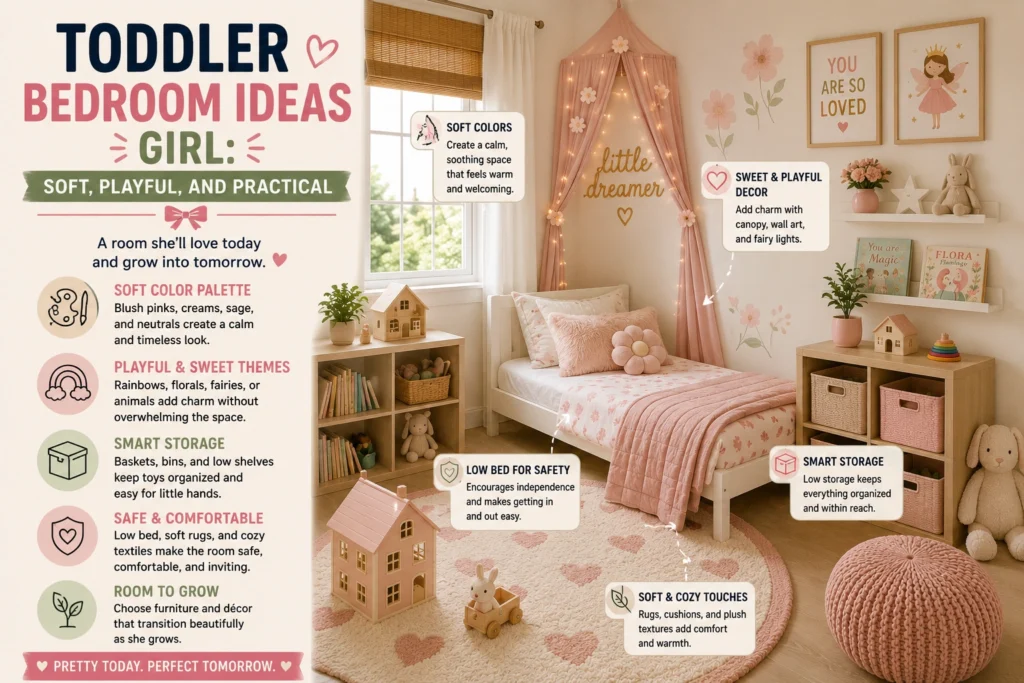 Toddler girl bedroom with a low bed, soft pink decor, playful wall art, cozy textures, and accessible storage