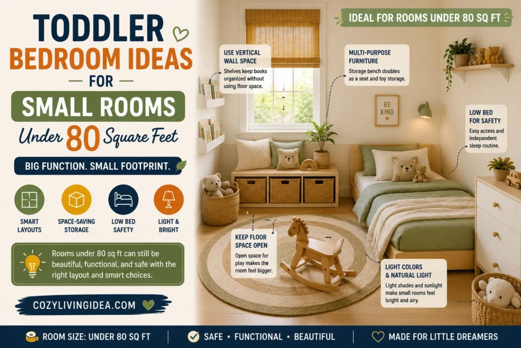 Toddler bedroom for a small room under 80 square feet with a low bed, vertical storage, and open play space