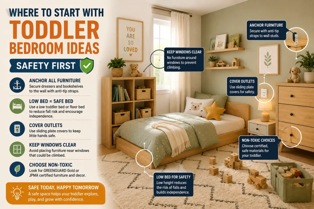 Safe toddler bedroom with low bed, anchored furniture, covered outlets, and clear windows