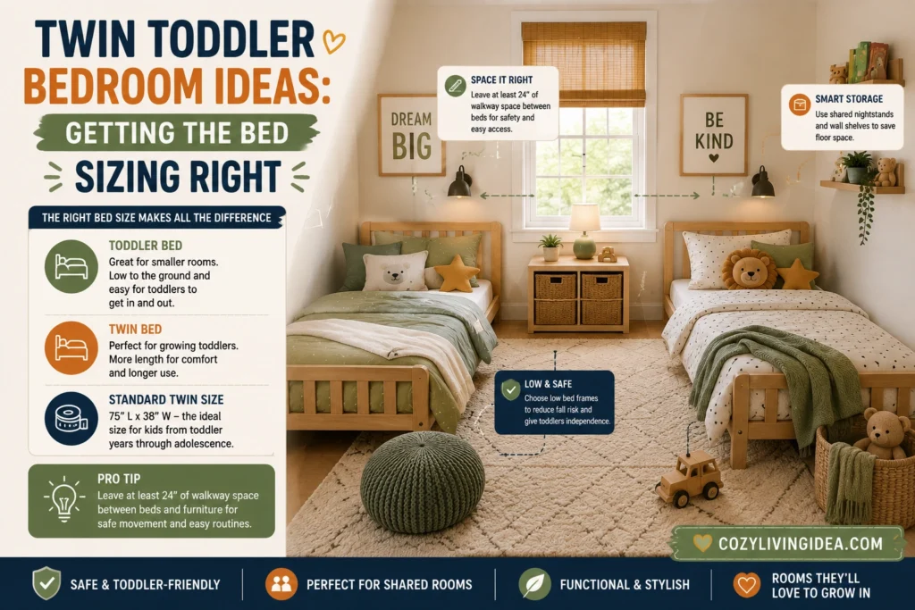 Twin toddler bedroom with two low beds, safe spacing, shared storage, and cozy neutral decor