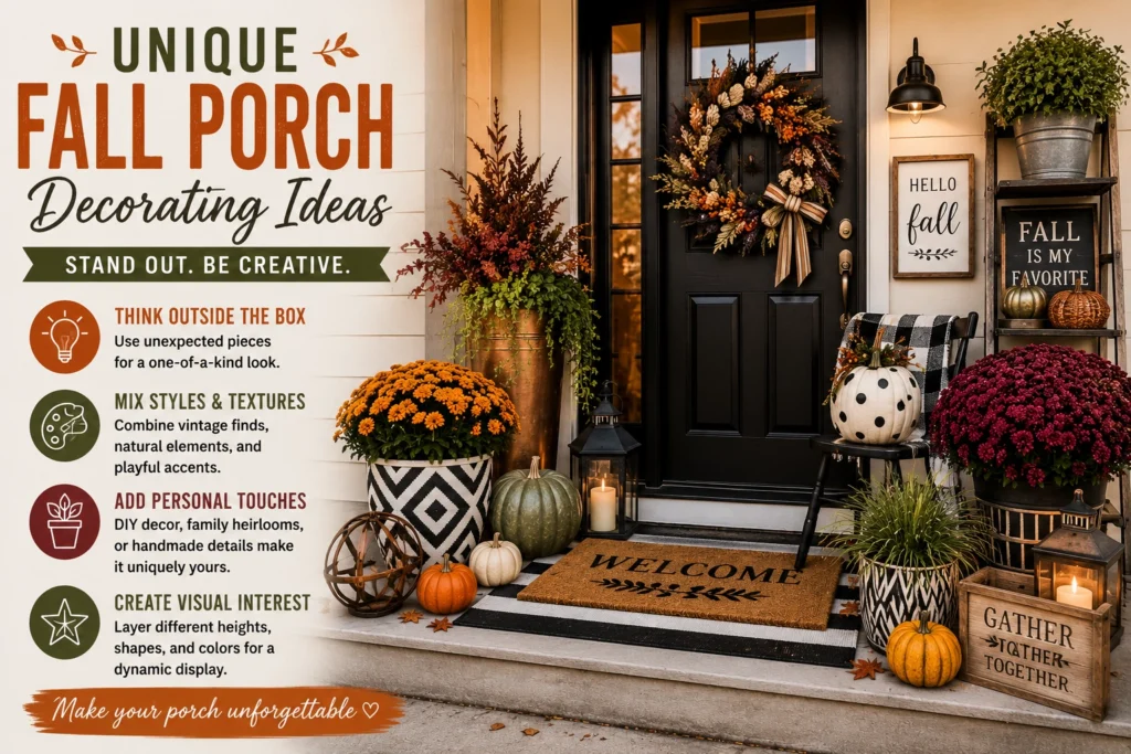 Unique fall porch decorating ideas with creative pumpkins, vintage accents, mums, lanterns, a statement wreath, and layered textures