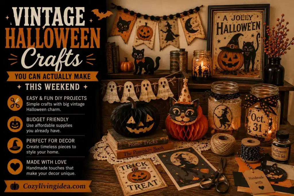Vintage Halloween crafts with handmade paper ghosts, honeycomb pumpkins, garlands, and decorated jars