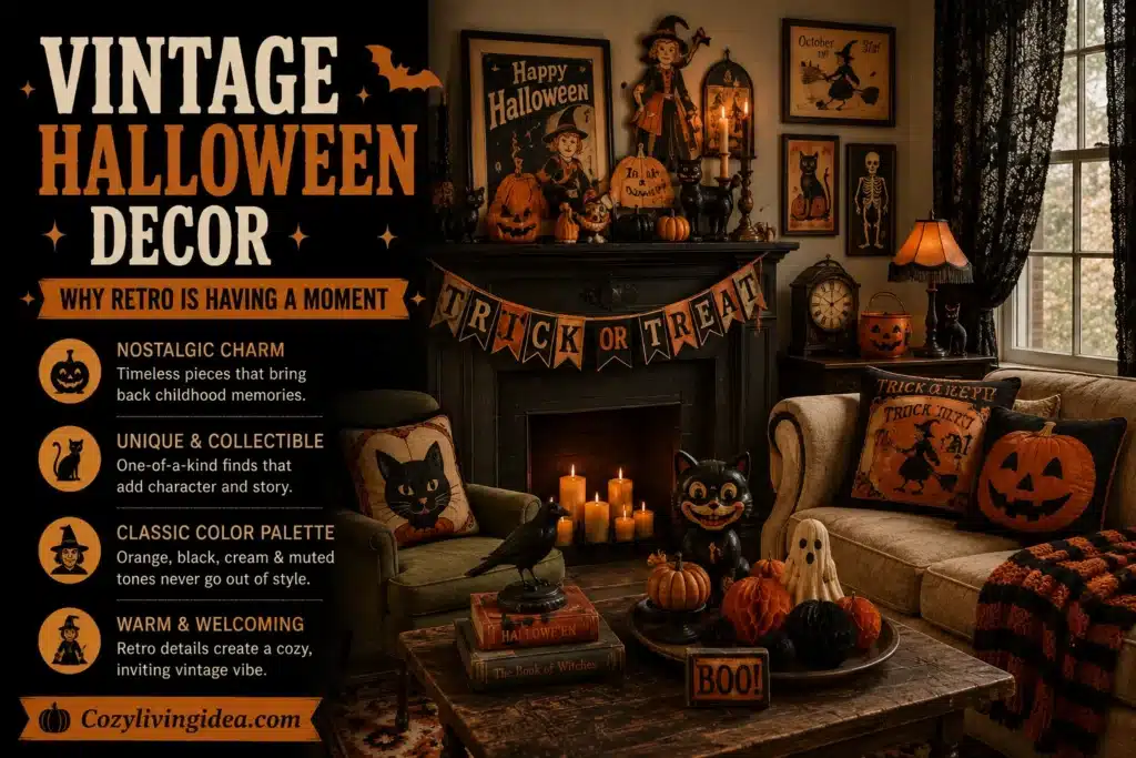 Vintage Halloween decor with retro pumpkins, black cats, candles, classic artwork, and a styled fireplace