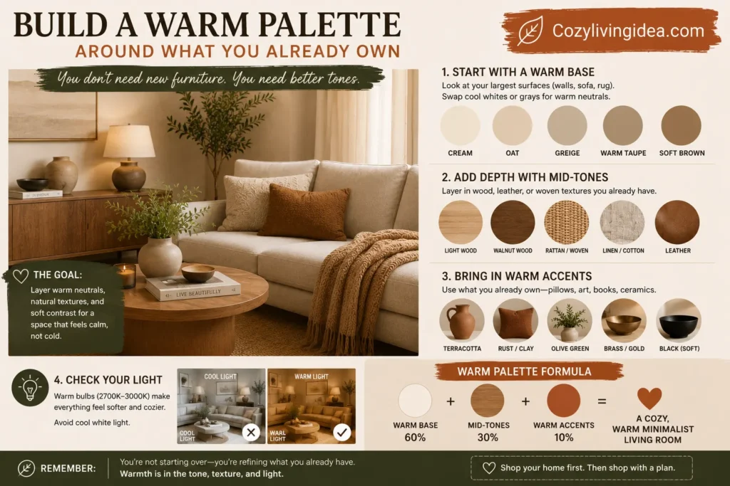Four warm minimalist living room color palette swatches including cream oak camel and greige chocolate linen