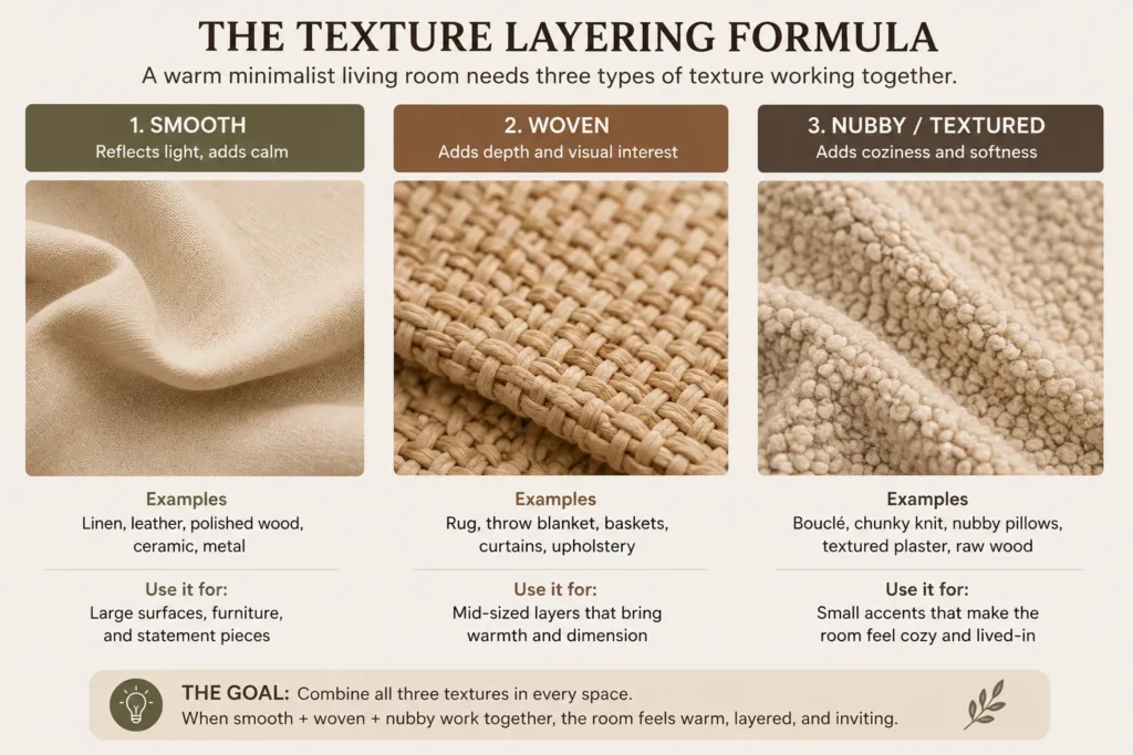 3 texture layering formula for a warm minimalist living room showing smooth, woven, and nubby materials for a cozy neutral space