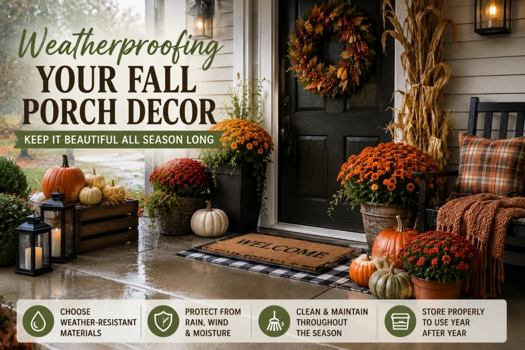 Weatherproof fall porch decor with pumpkins, mums, lanterns, and rain-resistant outdoor accents