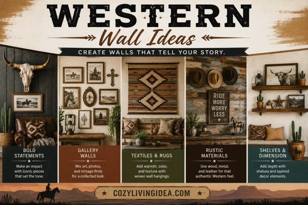 Western wall ideas featuring cowboy art, vintage gallery walls, woven textiles, rustic wood, Western hats, and layered floating shelves