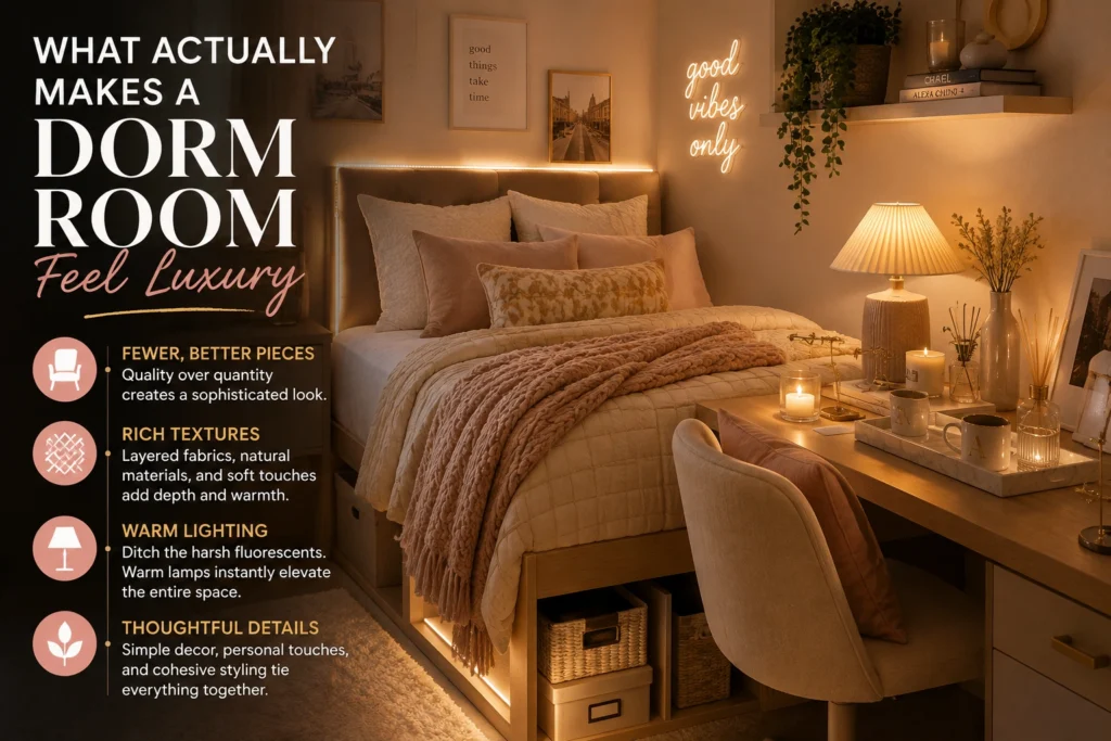Luxury dorm room with layered bedding, rich textures, warm lighting, and thoughtful decor details