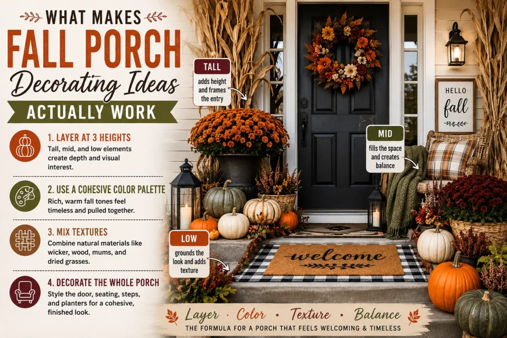 Fall porch decorating ideas with layered heights, cohesive colors, mixed textures, pumpkins, mums, and wreath