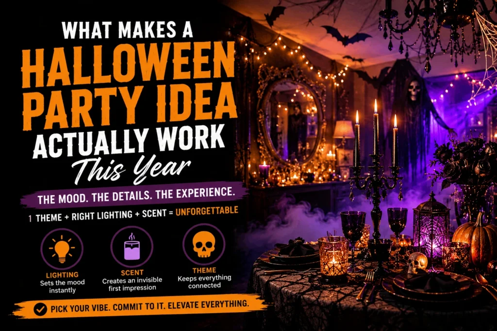 Halloween party ideas with cohesive lighting, scent, and gothic decor creating an immersive party atmosphere