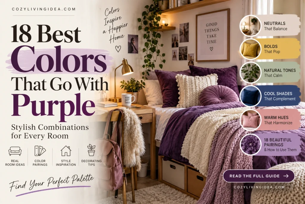 Purple room color combinations with mustard, sage green, navy, blush pink, terracotta and cream
