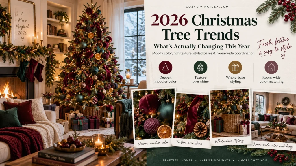 2026 Christmas tree trends with burgundy and emerald ornaments, velvet ribbon, dried orange slices and a styled tree base