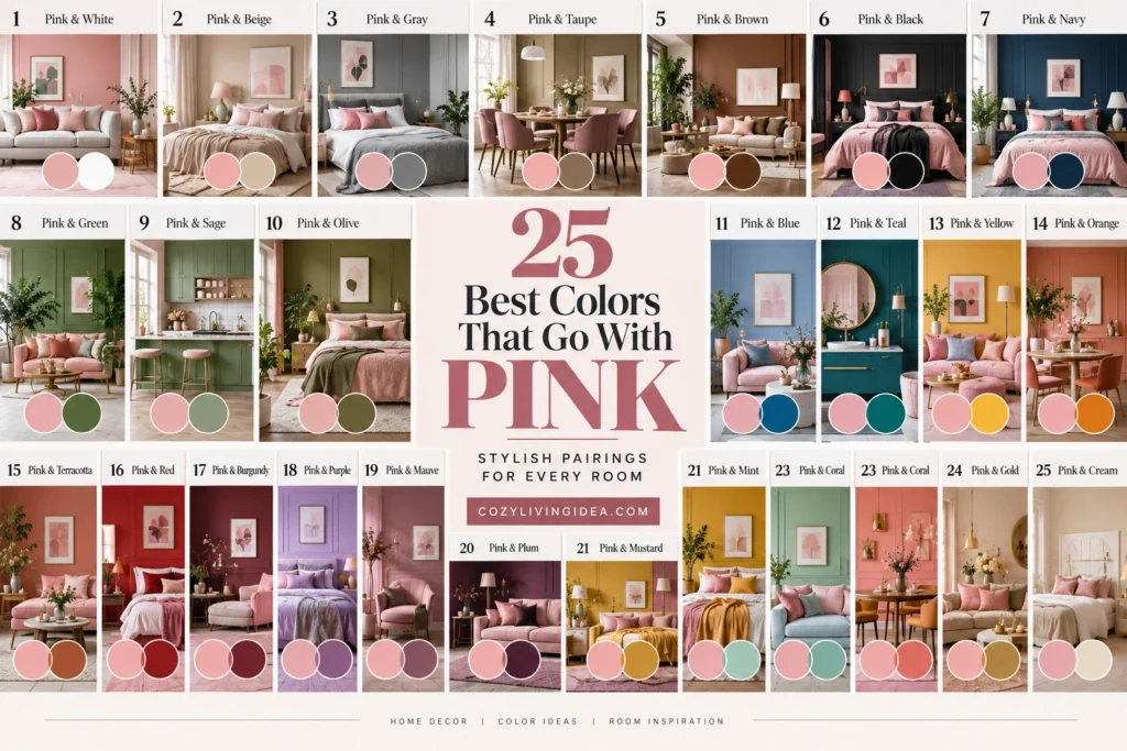25 colors that go with pink shown with interior examples and matching color palette samples