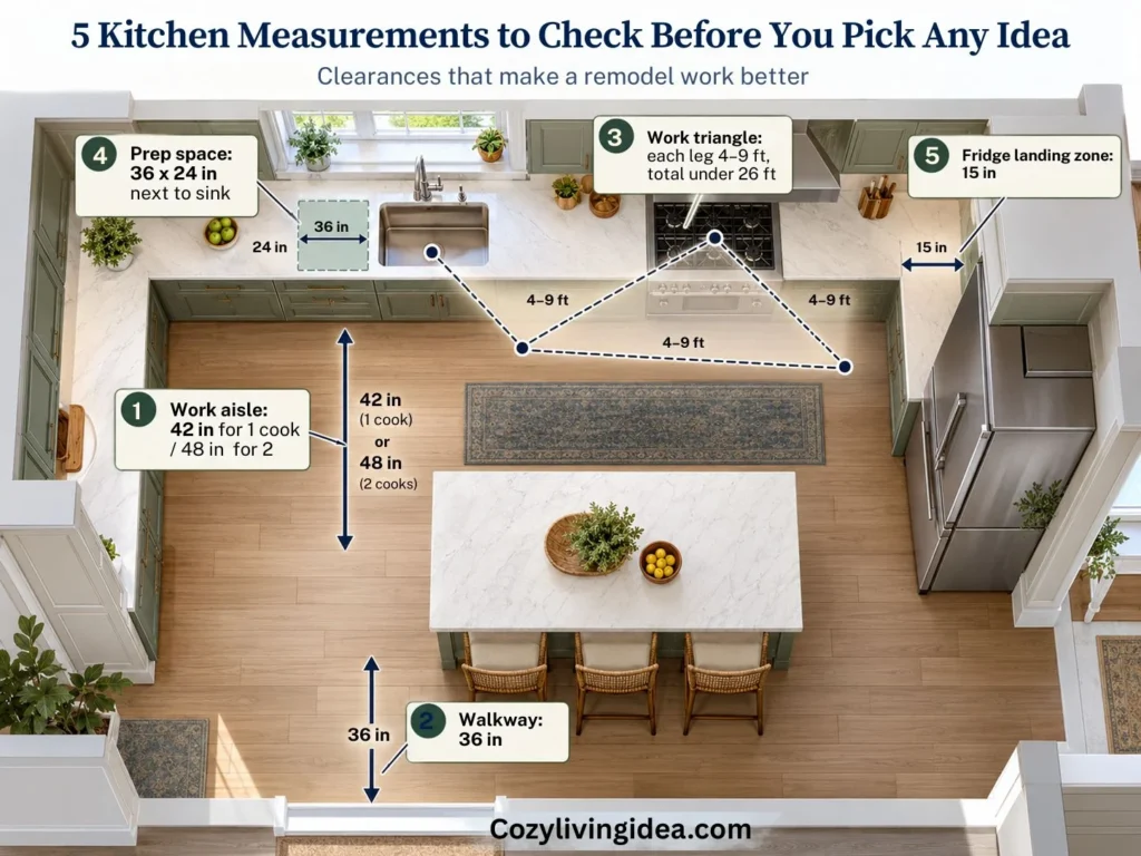 Kitchen remodel measurement diagram showing work aisle, walkway, work triangle, prep space and fridge landing zone clearances