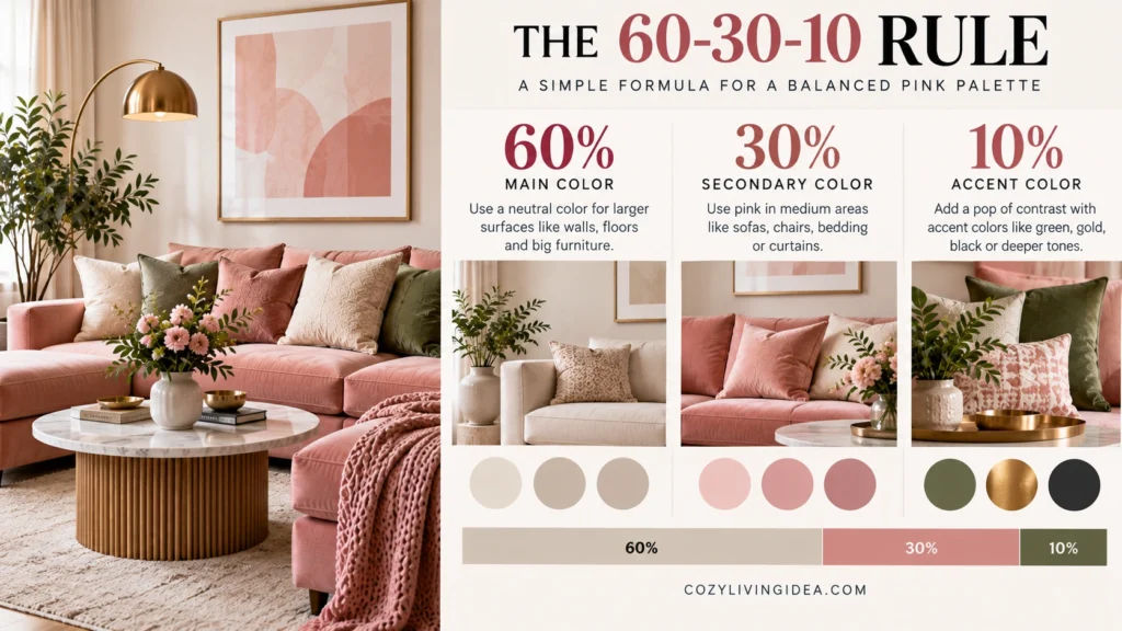 60-30-10 color rule showing 60% neutral, 30% pink and 10% accent color in a balanced room palette