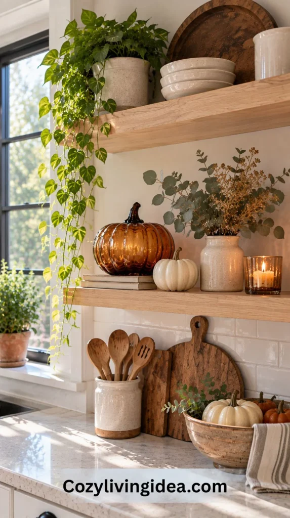 Amber glass pumpkin with a white pumpkin and eucalyptus on a light wood kitchen shelf