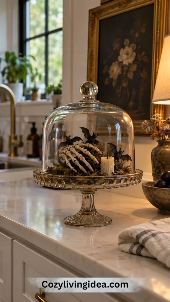 Antique glass cake stand and cloche with a skeletal hand, candle and black bats for vintage Halloween kitchen decor