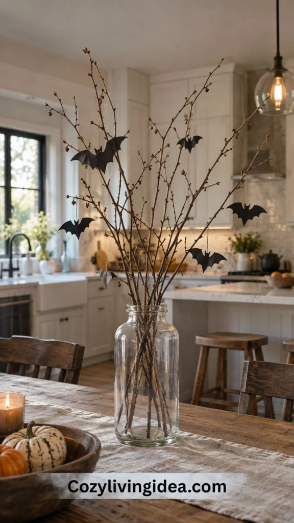 Tall clear glass jar filled with bare twigs and handmade black paper bats on a rustic kitchen table